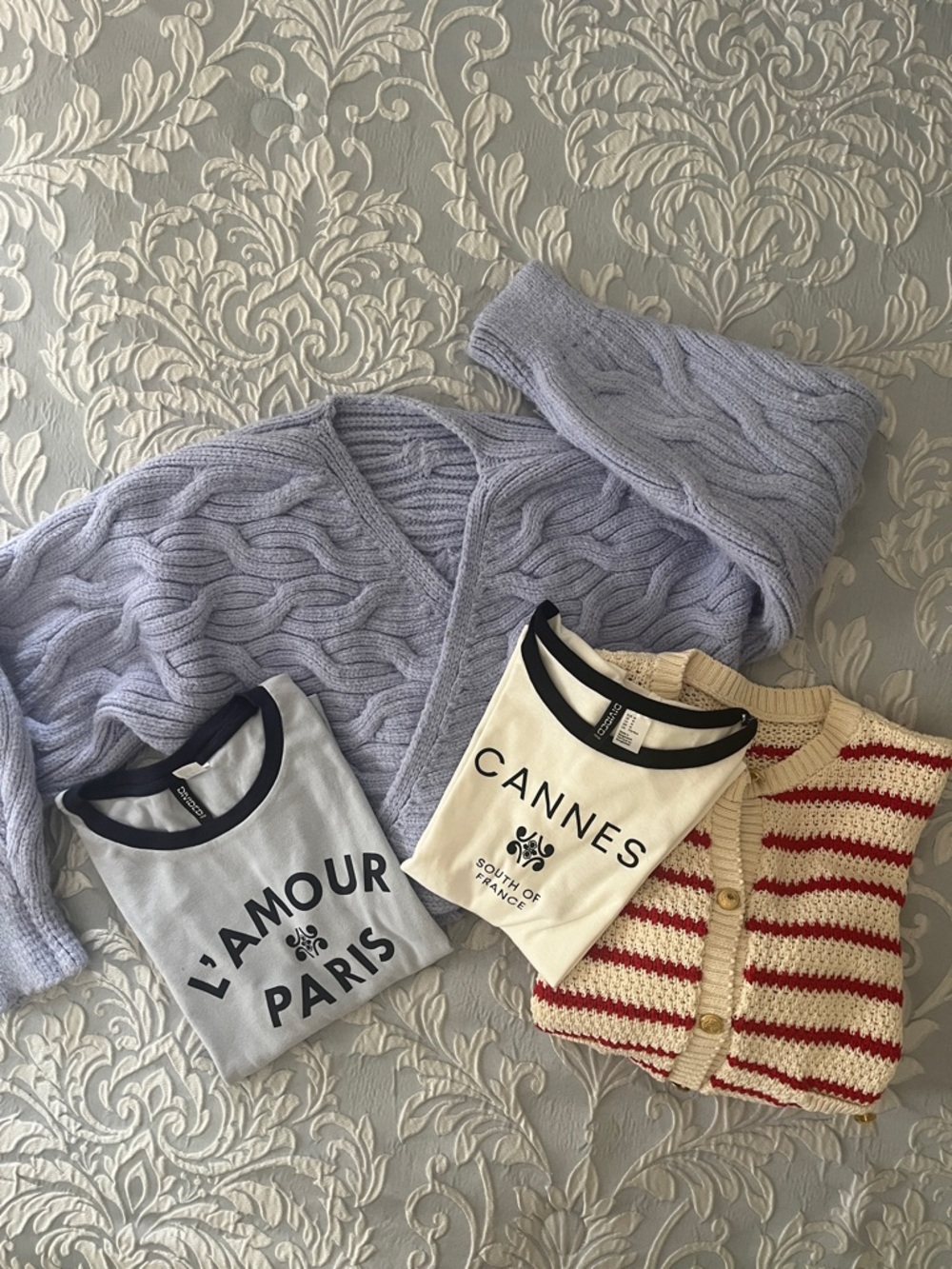 Zara Lavender Cable-Knit Cardigan with Cream & Red Striped Knit and Graphic Tees